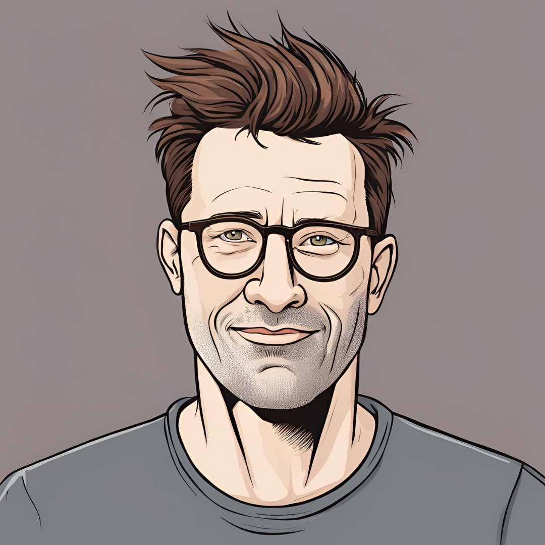 cartoon picture of a middle aged man with brown spiky hair